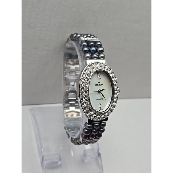 Croton Womens Iridescent Black Pearl Watch Crystal Pave Bracelet New Battery - Picture 3 of 10